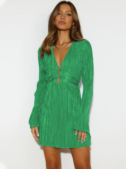 Plissiertes Damen Minikleid mit V-Ausschnitt – Elegantes Partykleid mit langen Ärmeln