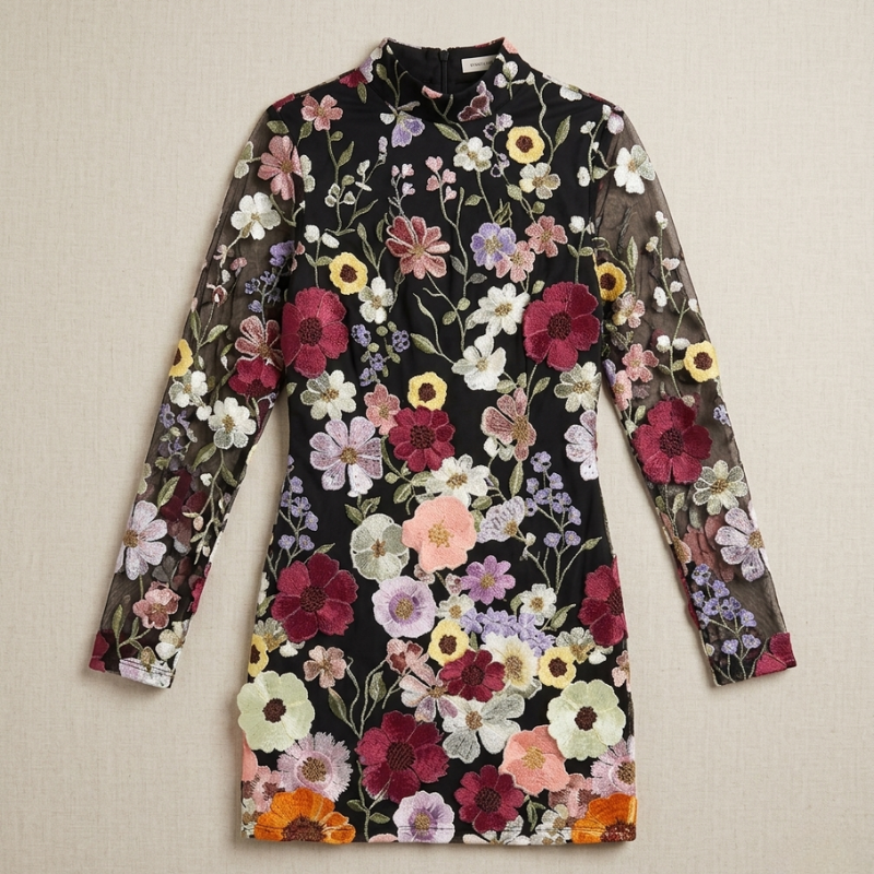 Elegantes Floral besticktes Mini Kleid mit Stehkragen – Figurbetontes Partykleid für Damen