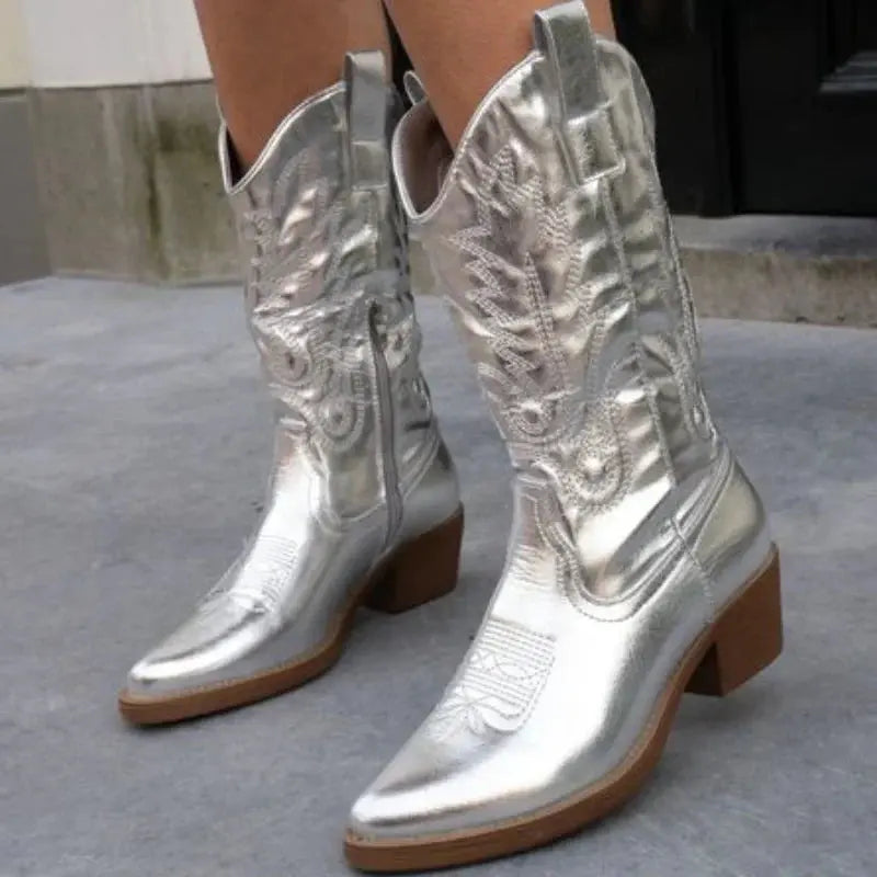 Lunéaëlle - Metallische Bestickte Cowboy-Stiefel im Western-Stil | Must-Have Mode für Frühling und Festivals