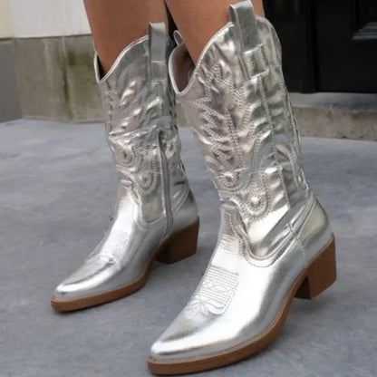 Lunéaëlle - Metallische Bestickte Cowboy-Stiefel im Western-Stil | Must-Have Mode für Frühling und Festivals