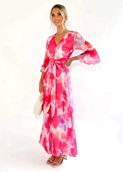 Fließendes Maxikleid mit floralem Print & Taillengürtel für Damen – Elegantes Sommerkleid mit V-Ausschnitt