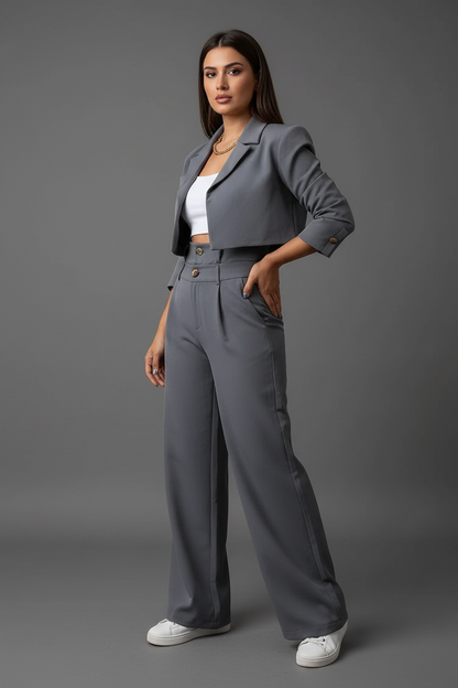 Elegantes 2-Teiliges Hosenanzug Set für Damen – Cropped Blazer & High-Waist Hose