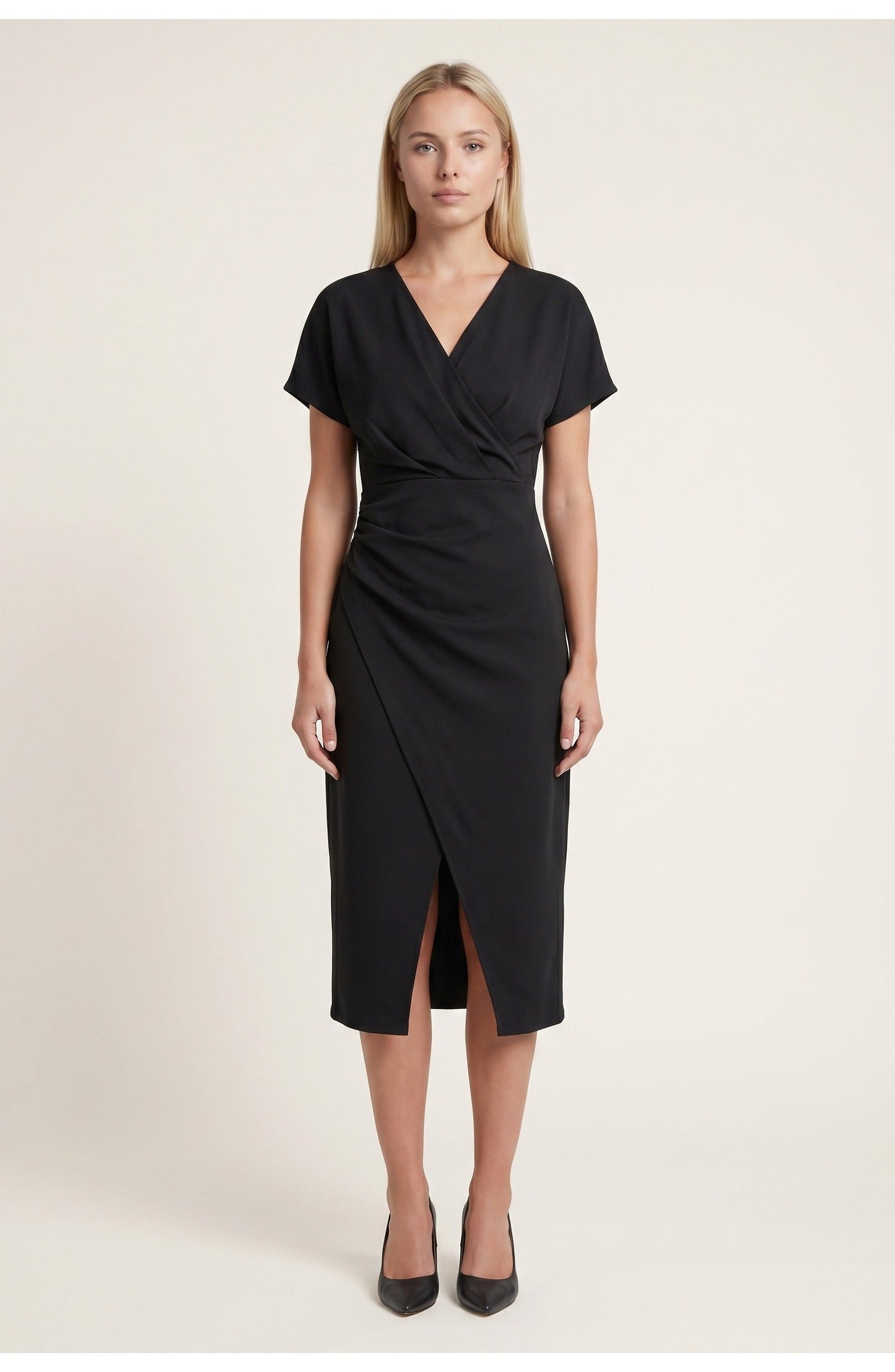 Elegantes Wickelkleid mit V-Ausschnitt für Damen – Figurbetontes Midikleid mit Taillenraffung & Schlitz