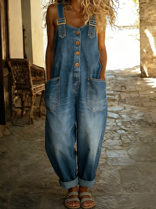 Lässiger Denim Jumpsuit für Damen – Lockerer Overall mit Knopfleiste & Taschen