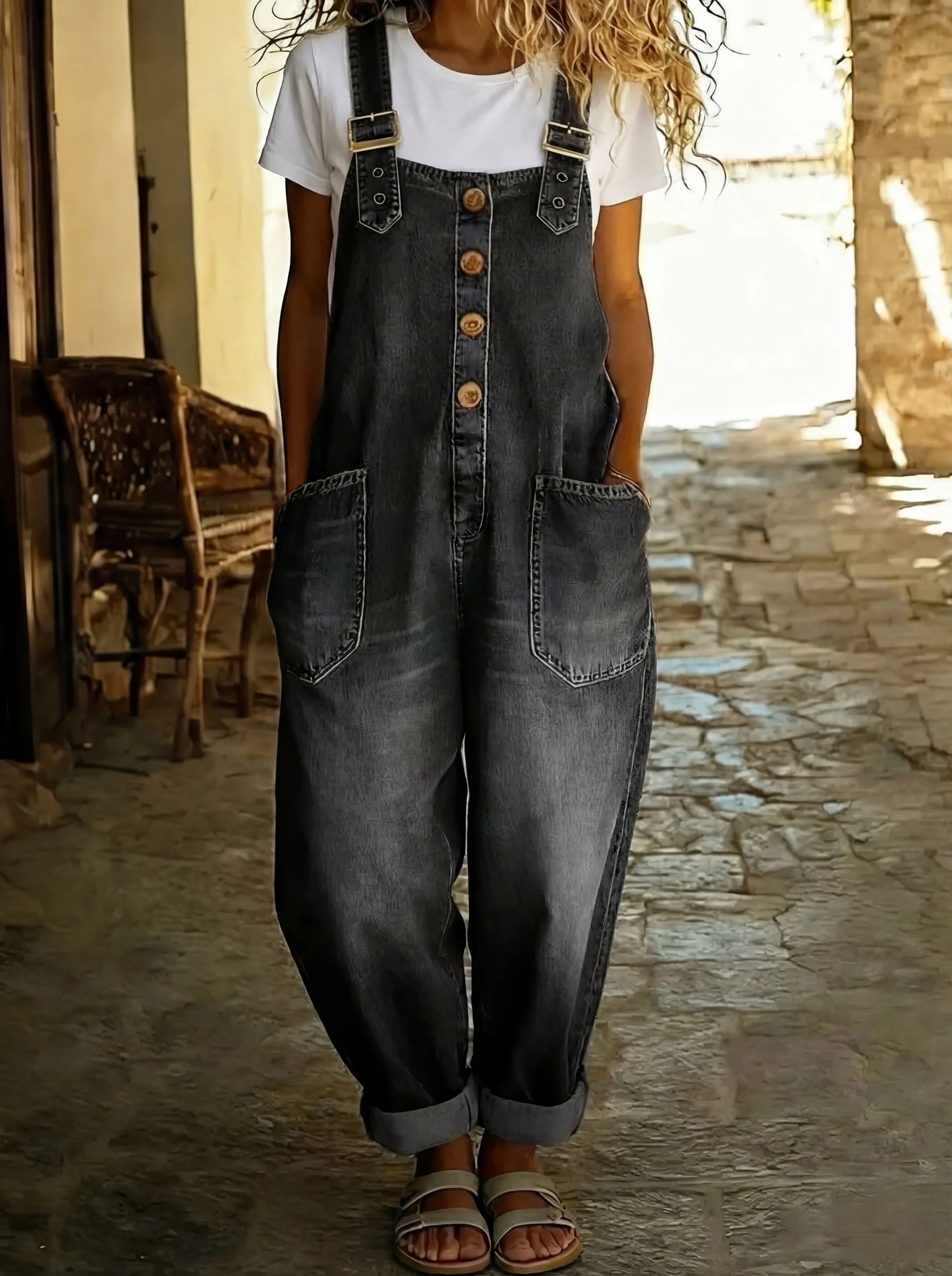 Lässiger Denim Jumpsuit für Damen – Lockerer Overall mit Knopfleiste & Taschen
