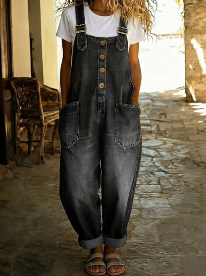 Lässiger Denim Jumpsuit für Damen – Lockerer Overall mit Knopfleiste & Taschen