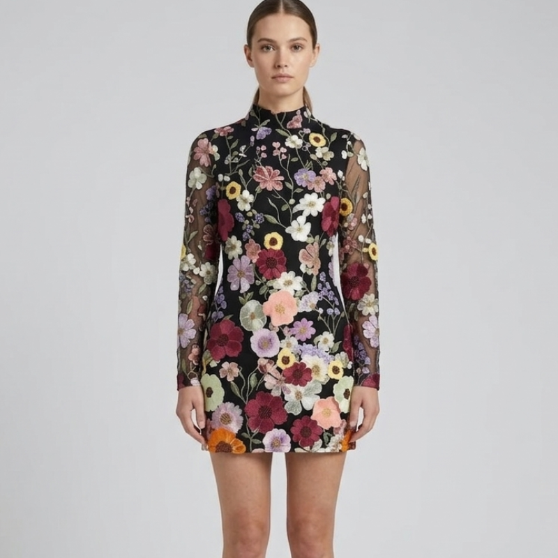 Elegantes Floral besticktes Mini Kleid mit Stehkragen – Figurbetontes Partykleid für Damen