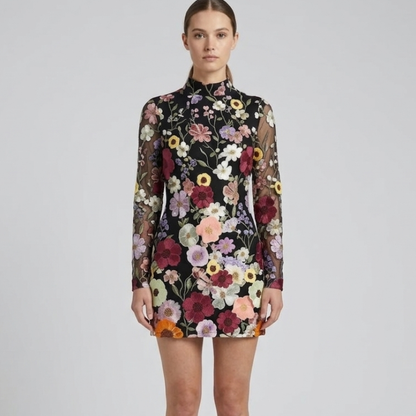 Elegantes Floral besticktes Mini Kleid mit Stehkragen – Figurbetontes Partykleid für Damen