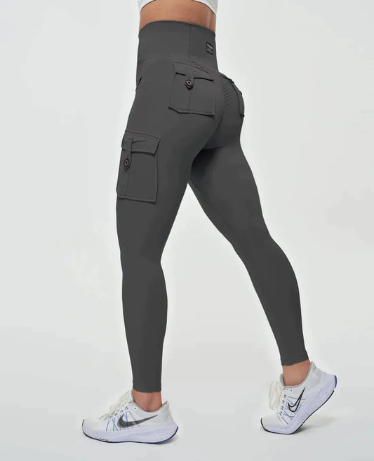 High-Waist Cargo Leggings mit Taschen – Figurformende Sportleggings atmungsaktiv für Damen
