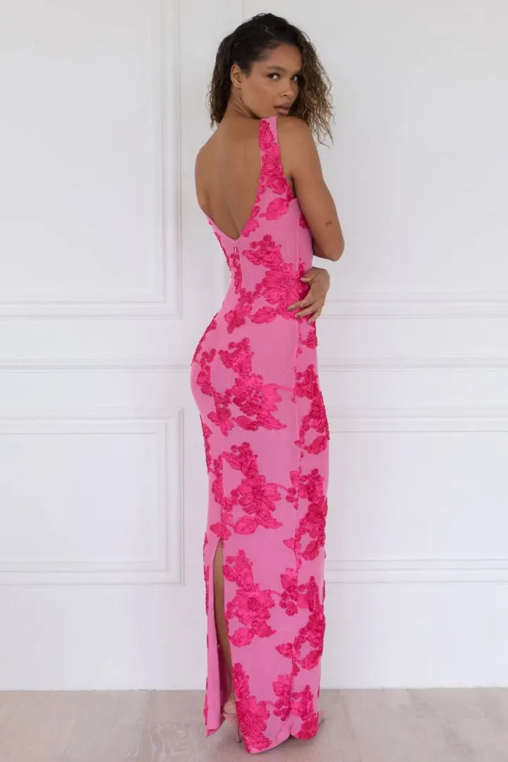 Élanora - Maxikleid Rosa Barbara mit hohem Kragen, ohne Ärmel, Blumenapplikationen und Strick