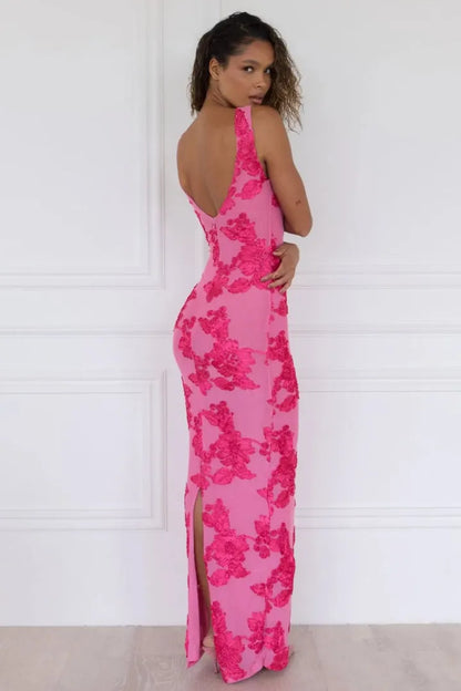 Élanora - Maxikleid Rosa Barbara mit hohem Kragen, ohne Ärmel, Blumenapplikationen und Strick