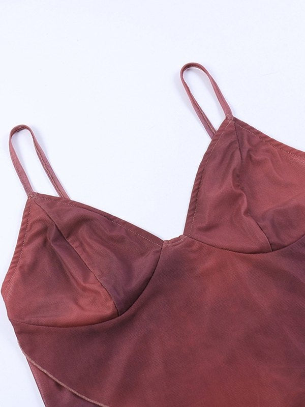 Vaïone - Asymmetrisches Mesh Crop-Top für Frauen mit V-Ausschnitt und feinen Spaghettiträgern