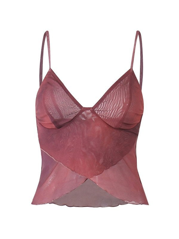 Vaïone - Asymmetrisches Mesh Crop-Top für Frauen mit V-Ausschnitt und feinen Spaghettiträgern