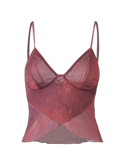 Vaïone - Asymmetrisches Mesh Crop-Top für Frauen mit V-Ausschnitt und feinen Spaghettiträgern
