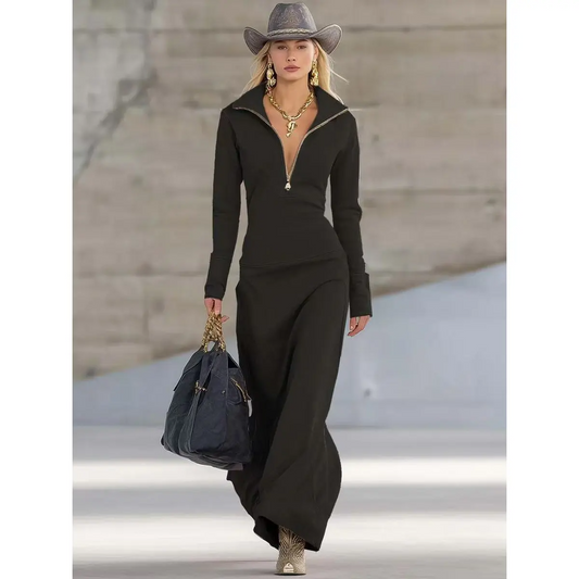 Elegantes Maxi Kleid mit Reißverschluss-Ausschnitt & taillierter Passform für Damen – Figurbetont & Modern