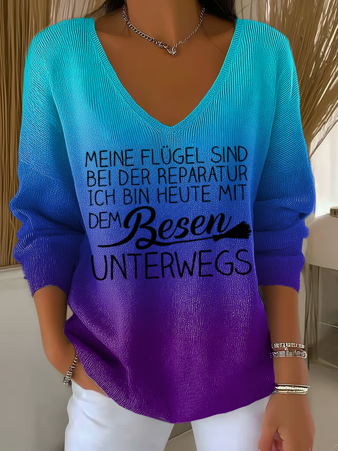 Lässiges V-Ausschnitt T-Shirt mit Spruch – Lockeres Statement Shirt für Damen