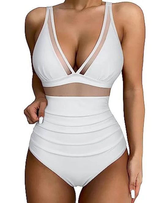 Eleganter Badeanzug für Damen mit Mesh-Details – Tiefem V-Ausschnitt & Figurformend