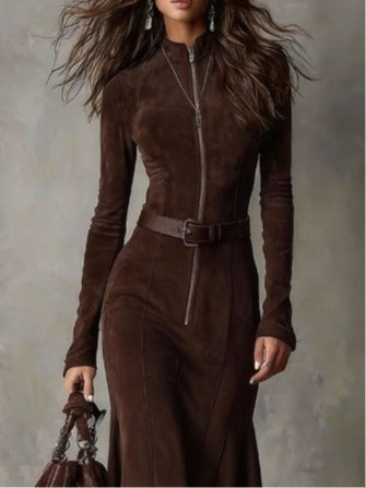 Fiorine - Vintage Midi Kleid in Braun mit Reißverschluss und Gürtel