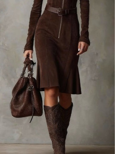 Fiorine - Vintage Midi Kleid in Braun mit Reißverschluss und Gürtel