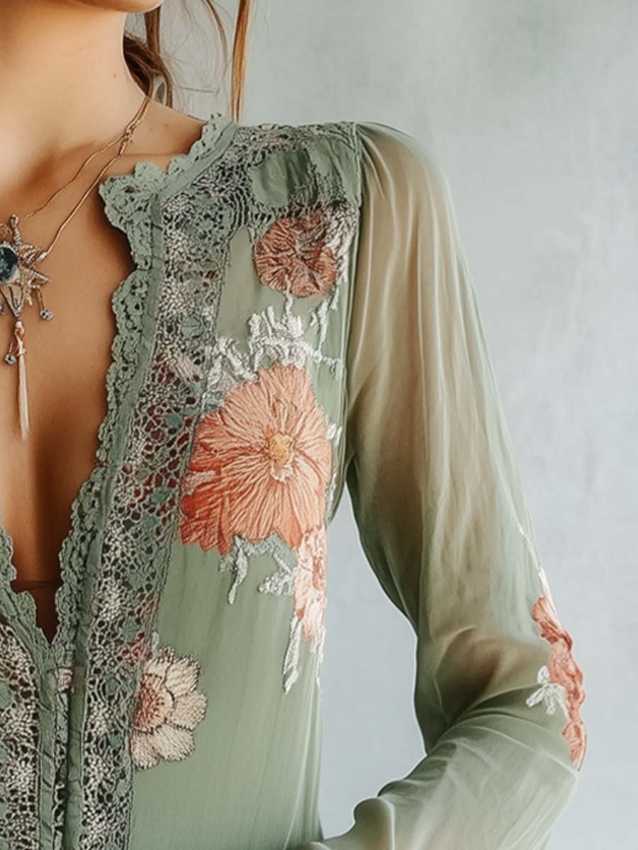 Féliciane - Romantische Bohème-Chic Bluse mit Mineralgrünem Blumenmuster und Spitzen-Details für Frauen