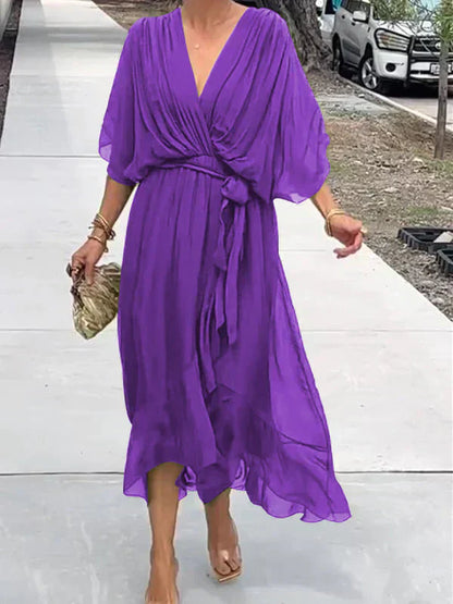 Florielle - Elegantes Kleid aus weichem Seidenstoff mit V-Ausschnitt und Gürtel für Frauen