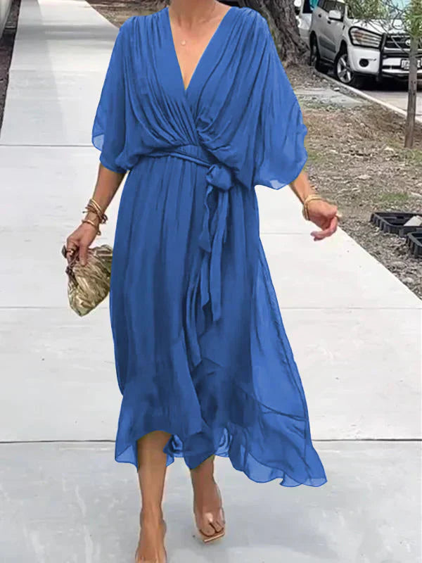 Florielle - Elegantes Kleid aus weichem Seidenstoff mit V-Ausschnitt und Gürtel für Frauen