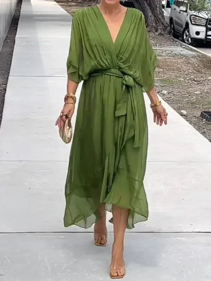 Florielle - Elegantes Kleid aus weichem Seidenstoff mit V-Ausschnitt und Gürtel für Frauen