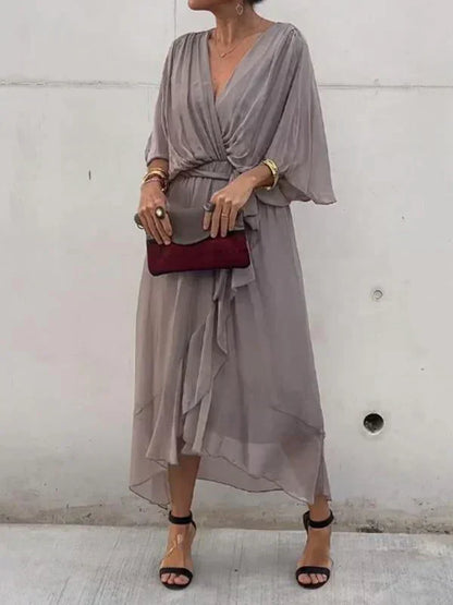 Florielle - Elegantes Kleid aus weichem Seidenstoff mit V-Ausschnitt und Gürtel für Frauen