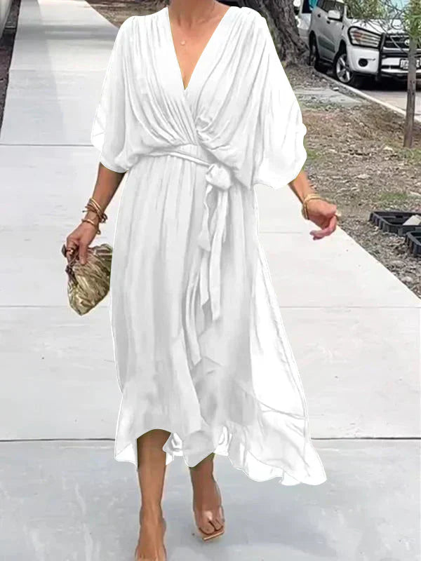 Florielle - Elegantes Kleid aus weichem Seidenstoff mit V-Ausschnitt und Gürtel für Frauen