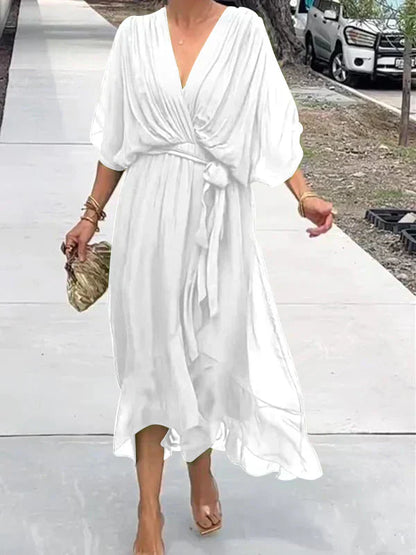 Florielle - Elegantes Kleid aus weichem Seidenstoff mit V-Ausschnitt und Gürtel für Frauen