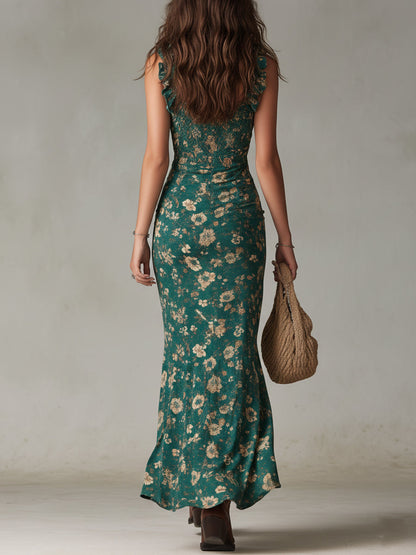 Boho Maxikleid mit Floral-Print für Damen – Elegantes Rüschenkleid mit Beinschlitz