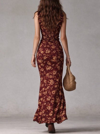 Boho Maxikleid mit Floral-Print für Damen – Elegantes Rüschenkleid mit Beinschlitz