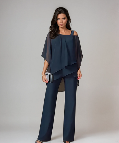 Elegantes 2-Teiler Set mit Chiffon-Top & Wide Leg Hose – Lockeres Outfit für Damen