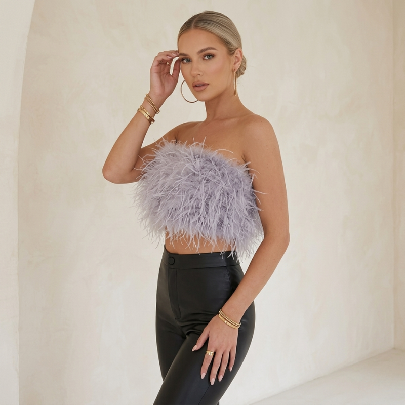 Elegantes Bandeau Feder-Top für Damen – Glamouröses Crop Top trägerlos & Statement-Look