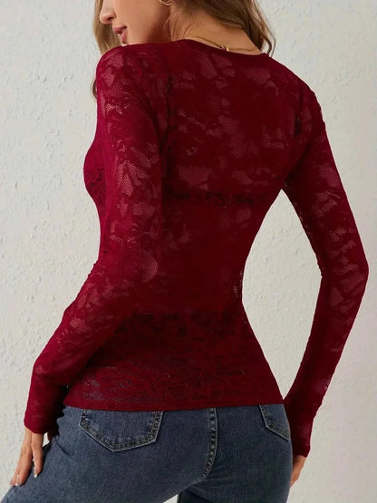 Elegantes Spitzen Langarmshirt mit V-Ausschnitt für Damen – Figurbetont & Verführerisch