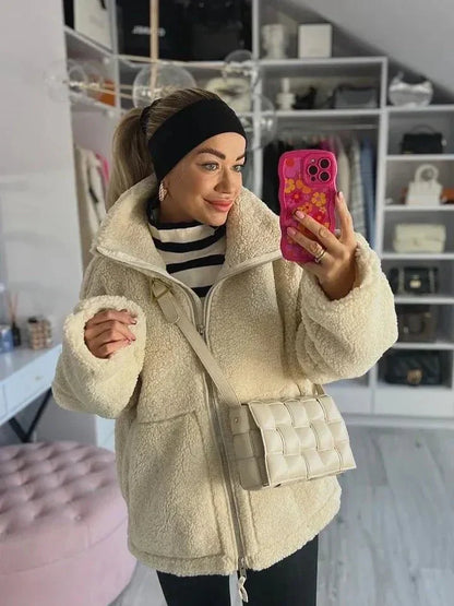 Liorisse - Elegante Teddyjacke für den Frühling mit Reißverschluss und Taschen für Frauen