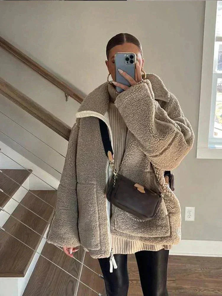 Liorisse - Elegante Teddyjacke für den Frühling mit Reißverschluss und Taschen für Frauen