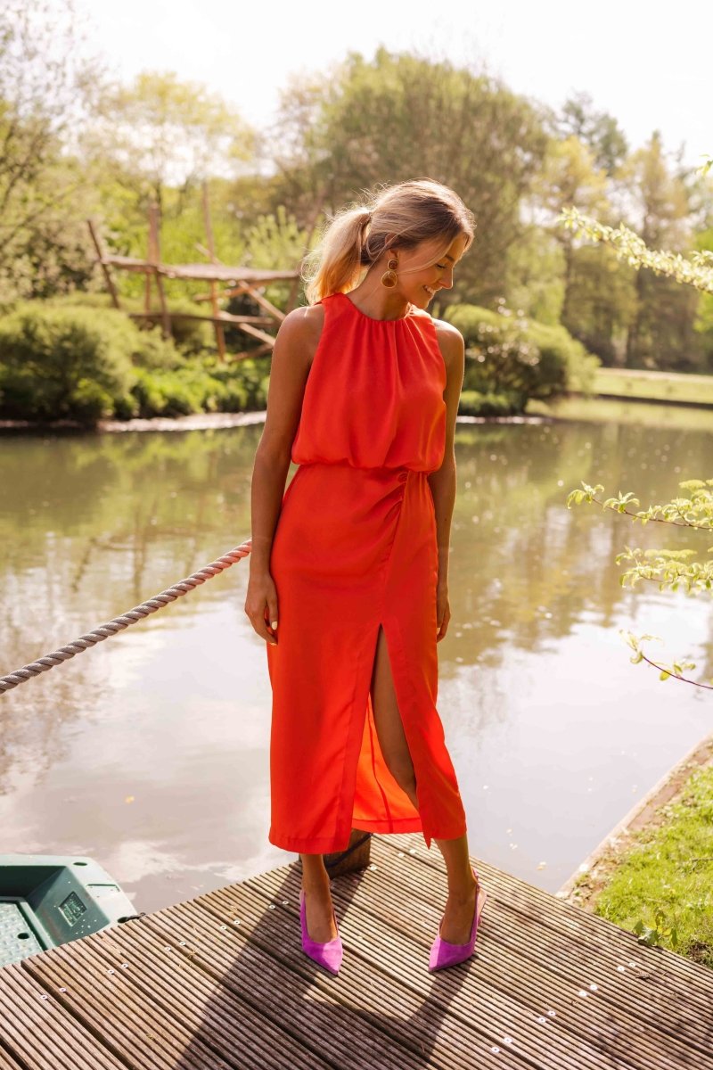 Amarisse - Maxikleid aus Leinen, Kurzarm, Stehkragen, mit Blumen, aus Spitze, Vintage, Farbe Aprikose