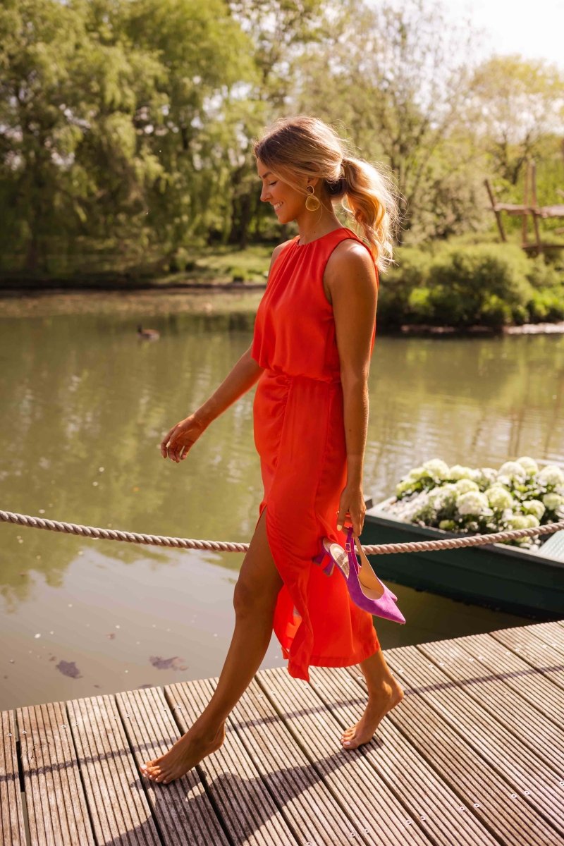 Amarisse - Maxikleid aus Leinen, Kurzarm, Stehkragen, mit Blumen, aus Spitze, Vintage, Farbe Aprikose