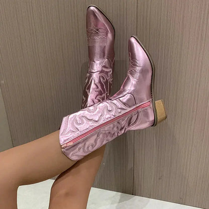 Lunéaëlle - Metallische Bestickte Cowboy-Stiefel im Western-Stil | Must-Have Mode für Frühling und Festivals
