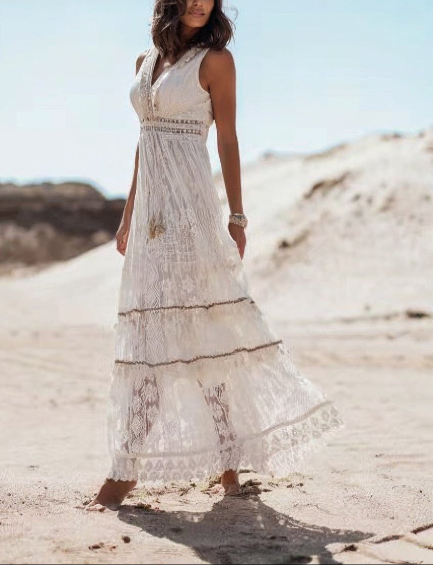 Élisora - Maxikleid Boho aus Spitze | Ärmellos V-Ausschnitt | Leichter Stoff | Sommerliche Eleganz