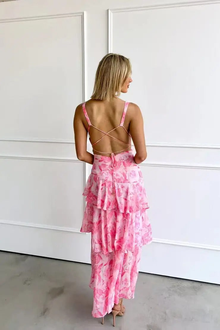 Fließendes Maxi Kleid mit Volants & tiefem V-Ausschnitt für Damen – Elegantes Sommerkleid mit Rücken-Detail