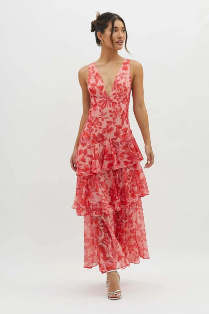 Fließendes Maxi Kleid mit Volants & tiefem V-Ausschnitt für Damen – Elegantes Sommerkleid mit Rücken-Detail