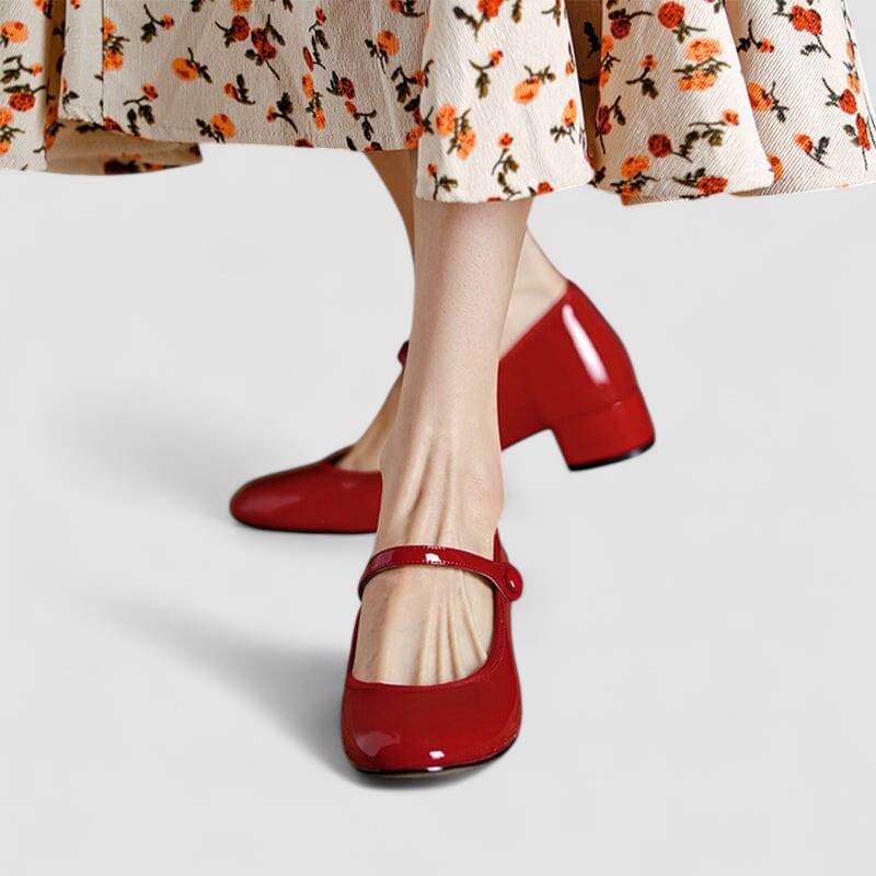 Veloursa - Elegante Orthopädische Mary Jane Schuhe für Damen, Lackiert, mit Kleinem Blockabsatz und Riemen
