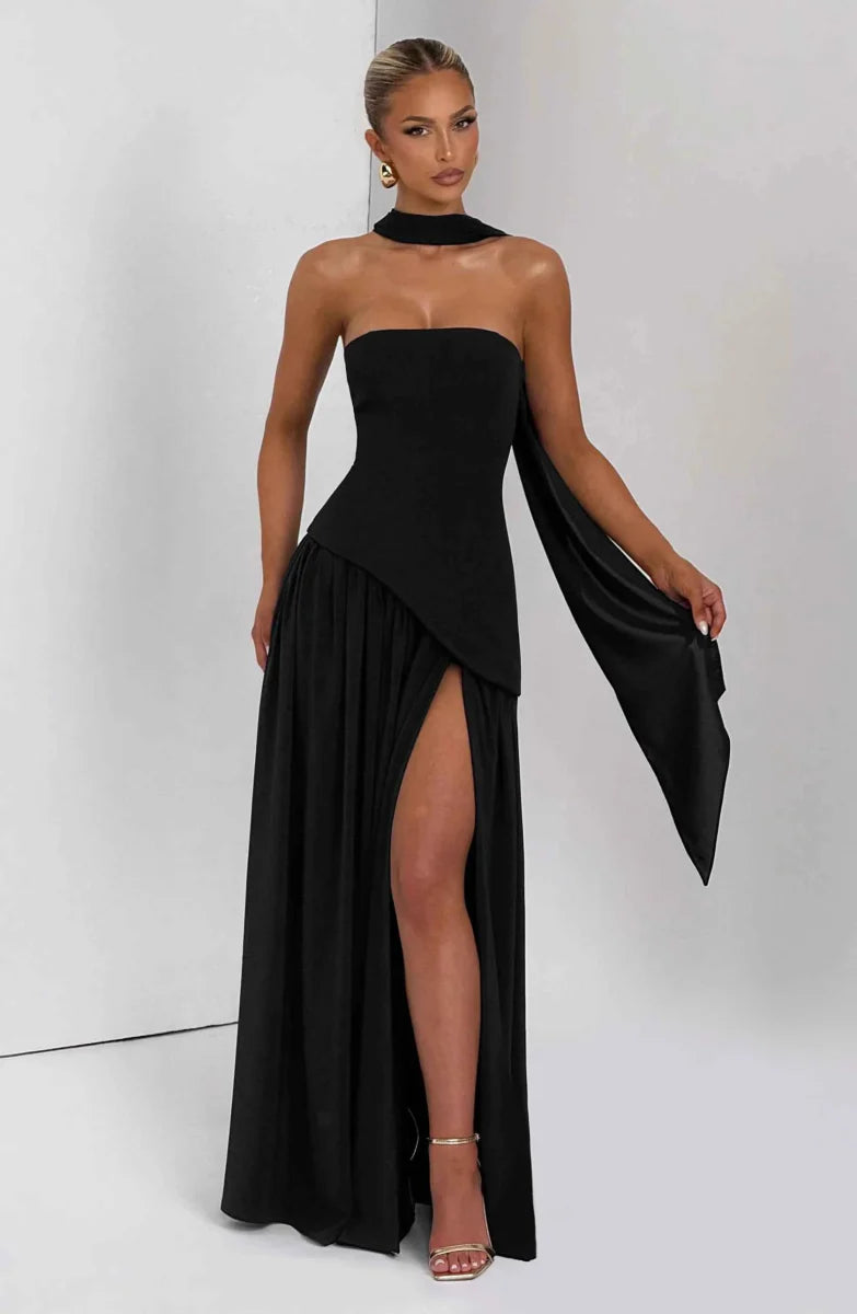 Elegantes Maxikleid für Damen – Schulterfreies Abendkleid mit Schlitz & Choker-Detail