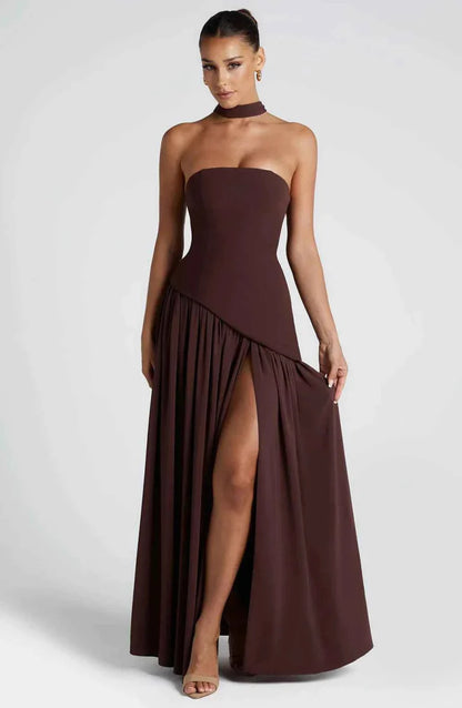 Elegantes Maxikleid für Damen – Schulterfreies Abendkleid mit Schlitz & Choker-Detail