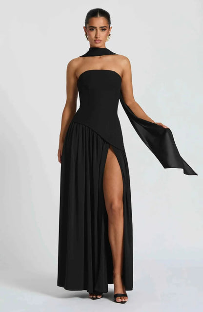 Elegantes Maxikleid für Damen – Schulterfreies Abendkleid mit Schlitz & Choker-Detail