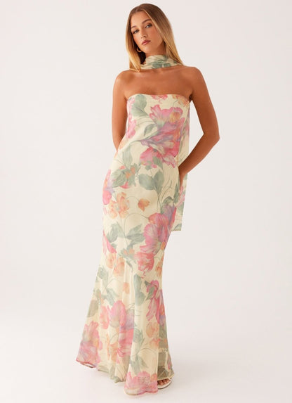 Florales Maxi Kleid für Damen – Elegantes trägerloses Abendkleid mit Chiffon-Schal