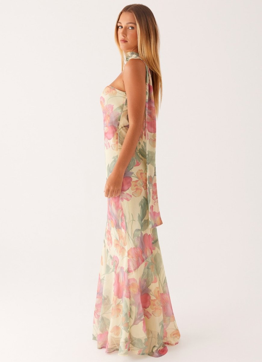 Florales Maxi Kleid für Damen – Elegantes trägerloses Abendkleid mit Chiffon-Schal
