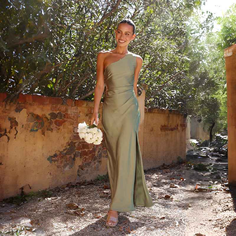 Elegantes One-Shoulder Satin Maxi Kleid für Damen – Figurbetontes Abendkleid mit Beinschlitz